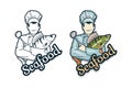 Vector seafood logo. Cartoon chef with fish in hands.