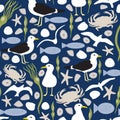 Vector Seagulls, Sea Shells, Fish, Seaweed, Crabs in Blue Green, Brown and White Seamless Repeat Pattern