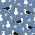 Vector Seagulls and Star Fish in Blue, White and Brown Seamless Repeat Pattern