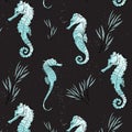 Vector seahorse animals pattern. Surface cover with cute underwater marine fish. Ocean life summer background. Doodle