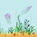 Vector sealess decorative border of cartoon seabed with seaweeds