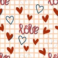 Vector seamess pattern with cute hearts and word Love