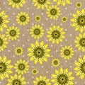 Vector seamleess background with yellow sunflowers on kraft paper