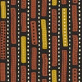 Vector seamless aboriginal pattern including ethnic Australian motive with brown and yellow typical elements on dark grey backgrou