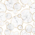 Seamless abstract geometric stone pattern with gold lines and gray marble circles on white background Royalty Free Stock Photo