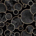 Seamless abstract geometric pattern with gold lines and gray watercolor circles on black background