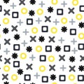Vector seamless abstract pattern with crosses, pluses, squares and circles. Gray and yellow shapes on white background. Royalty Free Stock Photo