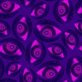 Vector seamless abstract pattern of lined ornamental oval eye shapes on purple Royalty Free Stock Photo