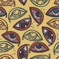 Vector seamless abstract pattern of lined ornamental oval eye shapes on yellow