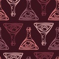 Vector seamless abstract pattern of ornamental lined eyes in test tubes in red