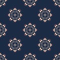 Vector seamless arabic pattern with rounded elements. Background in blue and red colors.