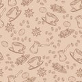 Vector seamless aroma coffee pattern with cup, beans and spices