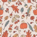 Vector seamless autumn design patte. Pattern or background for wrapping paper or package. Fall icons.