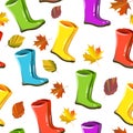 Vector seamless autumn,fall pattern,textute,print. Rainy colorful boots,leafes,foliage.