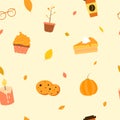 Vector seamless autumn pattern with autumn elements: foliage, pimpkin cupcake glasses coffee candle plant cookies on