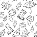 Vector seamless autumn patterns with hand drawn sketch illustrations. Royalty Free Stock Photo