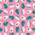 Vector seamless avocado pattern. Green fruit on a pink background. Trendy, modern design for printing, Wallpaper, fabrics, textile