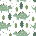 Vector seamless baby pattern with cute dinosaurs and trees.