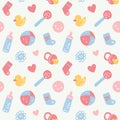 Vector seamless baby pattern with toys, smileys, bottel, socks, harts and flowers on white