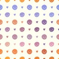 Vector seamless baby polka dots pattern with smileys. Pink, violet, orange and white colors