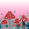 Vector seamless background of amanita mushroom with forest plant