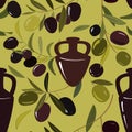 Vector seamless background with amphora and olive branches.