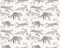 Vector seamless background with beautiful leopards. Tropical foliage and fruits