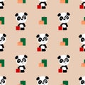 Vector seamless background. Cute cartoon panda shopping. The panda stands next to the packages