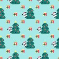 Vector seamless background. Cute panda looks out from behind a tree with balls. Funny character with presents. Happy new year Royalty Free Stock Photo