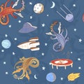 Vector seamless background with dragons, trampolines and rockets in space.