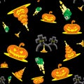 Vector seamless background Halloween kit pumpkins, candles, graves and cross