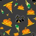 Vector seamless background Halloween kit pumpkins, candles, graves and cross