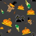 Vector seamless background Halloween kit scarecrow, pumpkins, candles, graves and cross