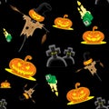 Vector seamless background Halloween kit scarecrow, pumpkins, candles, graves and cross