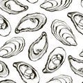 Vector seamless background of hand drawn oysters isolated on a white background