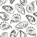 Vector seamless background of hand drawn oysters and shrimps isolated on a white background