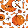 Vector seamless background for happy Halloween. Background of pumpkin, sweets, skull, candle, eye. Design for textile, paper, Royalty Free Stock Photo