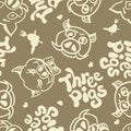 Vector seamless background with the images of the grown up three pigs with different characters. Manually drawn sketch