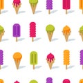 Vector seamless background with multicolor cones ice cream and ice lolly. Royalty Free Stock Photo