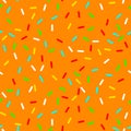 Vector Seamless background with orange donut glaze. Decorative bright sprinkles texture pattern design Royalty Free Stock Photo