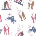 Vector seamless background with people silhouettes. Loving couple, guy and girl kiss while sitting on a bench. Woman and man hold