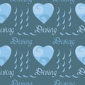 Vector seamless background, sea theme, heart with waves inside. Hand Lettering Diving. Shades of blue on white background Royalty Free Stock Photo