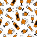 Vector seamless background. A set of drinks, beer and fish. Design for fabric, textile, paper, wallpaper, web. Retro. Vintage