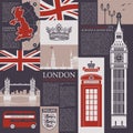 Vector seamless background on the theme of the UK and London with magazine publications, architectural landmarks, British symbols