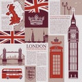 Vector seamless background on the theme of the UK and London with newspaper publications, architectural landmarks, British symbols