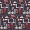 Vector seamless Background on UK and London theme with British symbols, architectural landmarks and flag of the United Kingdom in
