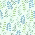 Vector seamless background of various green plant leaves, hand drawn botanical illustrations, floral decorative patterns, Royalty Free Stock Photo