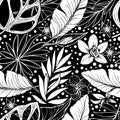 Vector seamless beautiful artistic bright tropical pattern with banana, Syngonium and Dracaena leaf, summer beach fun Royalty Free Stock Photo