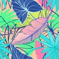 Vector seamless beautiful artistic bright tropical pattern with banana, Syngonium and Dracaena leaf, summer beach fun Royalty Free Stock Photo