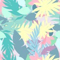 Vector seamless beautiful artistic bright tropical pattern with banana, Syngonium and Dracaena leaf, summer beach fun Royalty Free Stock Photo